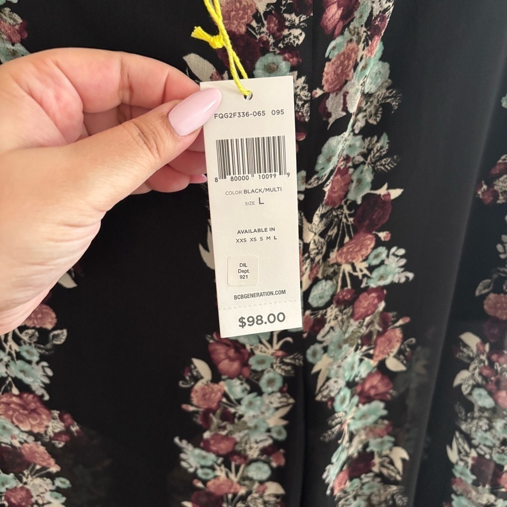 BCBGeneration Black Floral Wide Leg Pants Size L Boho Palazzo High Waist NWT $98 - Picture 2 of 2